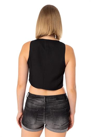 Buttoned V-Neck Lined Short Black Vest