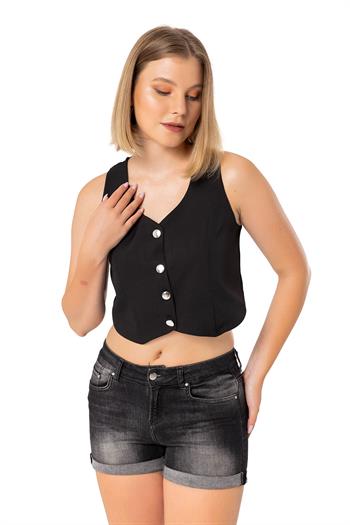 Buttoned V-Neck Lined Short Black Vest