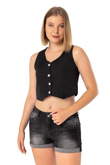 Buttoned V-Neck Lined Short Black Vest