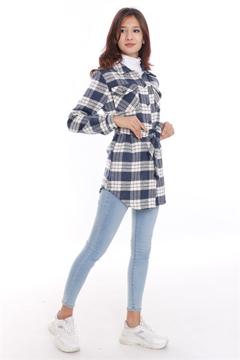 Ekose Oduncu Beli Kuşaklı Lacivert Ceket Gömlek