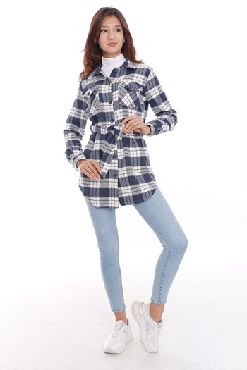 Ekose Oduncu Beli Kuşaklı Lacivert Ceket Gömlek