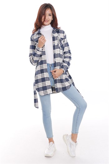 Ekose Oduncu Beli Kuşaklı Lacivert Ceket Gömlek