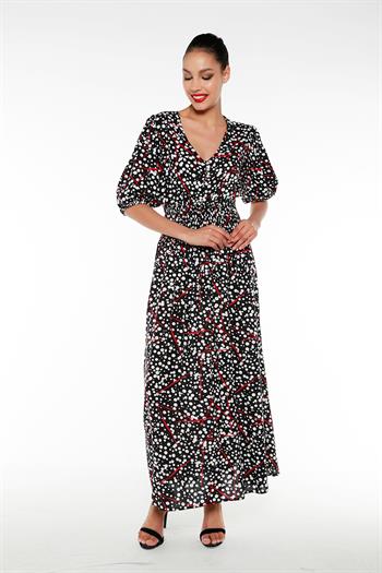 Balon Kollu Beli Gipeli V Yaka Puantiyeli Uzun Kırmızı Elbise