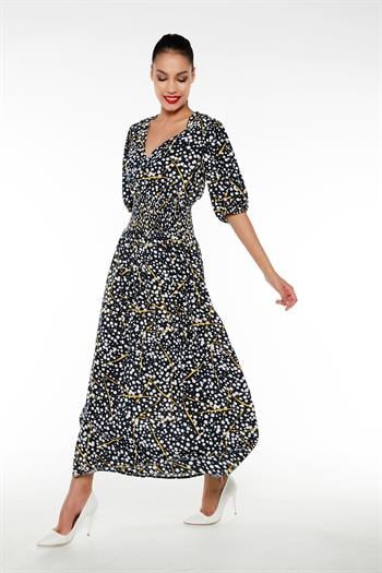 Balon Kollu Beli Gipeli V Yaka Puantiyeli Uzun Lacivert  Elbise