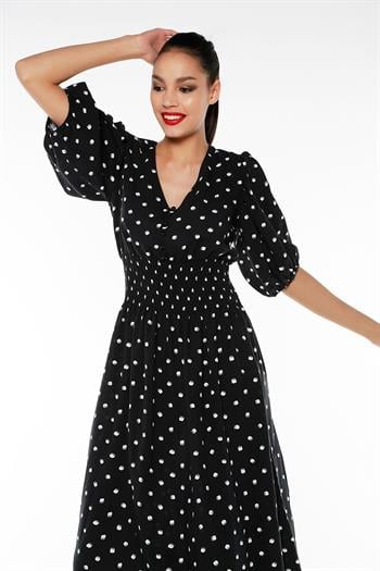 Balon Kollu Beli Gipeli V Yaka Puantiyeli Uzun Siyah Elbise