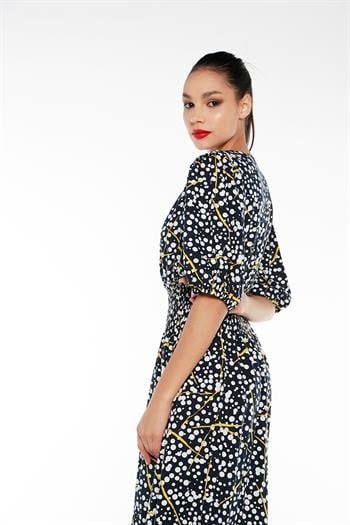 Balon Kollu Beli Gipeli V Yaka Puantiyeli Uzun Lacivert  Elbise