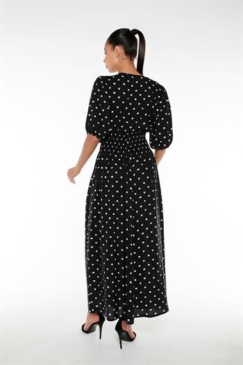 Balon Kollu Beli Gipeli V Yaka Puantiyeli Uzun Siyah Elbise
