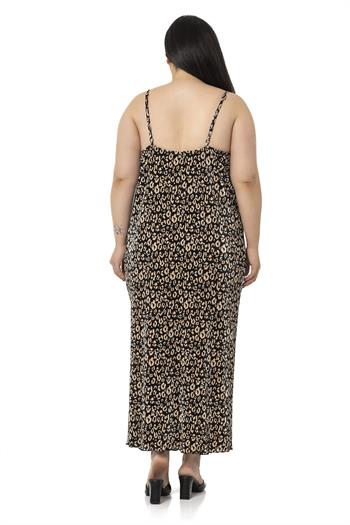 Büyük Beden Ayarlanabilir Askılı Saç Bantlı Kraşlı Saten Siyah Elbise 