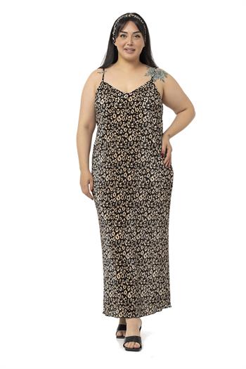 Büyük Beden Ayarlanabilir Askılı Saç Bantlı Kraşlı Saten Siyah Elbise 