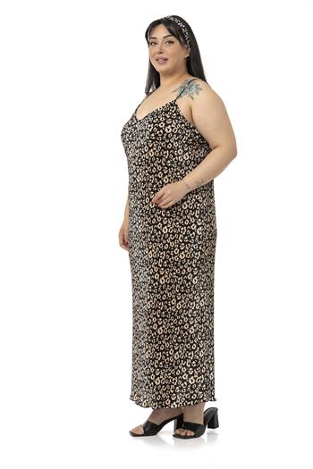 Büyük Beden Ayarlanabilir Askılı Saç Bantlı Kraşlı Saten Siyah Elbise 