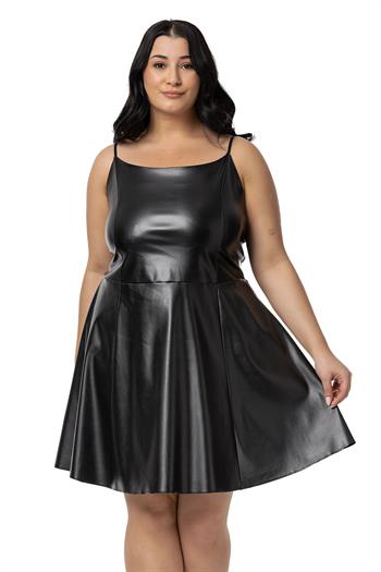 Büyük Beden Ayarlanabilir İnce Askılı Sırtı Lastikli Deri Mini Siyah Elbise