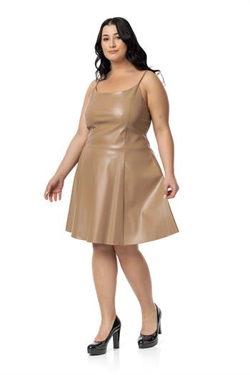 Büyük Beden Ayarlanabilir İnce Askılı Sırtı Lastikli Deri Mini Vizon Elbise