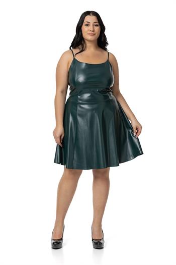 Büyük Beden Ayarlanabilir İnce Askılı Sırtı Lastikli Deri Mini Haki Elbise