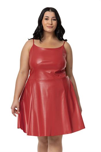 Büyük Beden Ayarlanabilir İnce Askılı Sırtı Lastikli Deri Mini Kırmızı Elbise