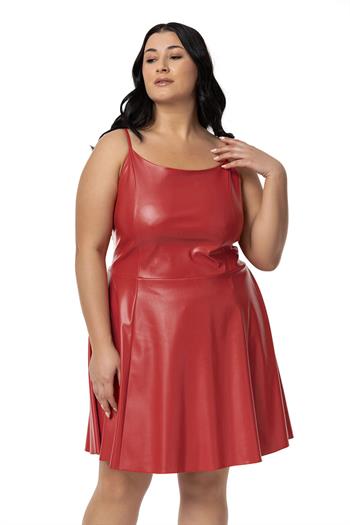 Büyük Beden Ayarlanabilir İnce Askılı Sırtı Lastikli Deri Mini Kırmızı Elbise