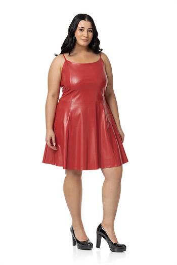 Büyük Beden Ayarlanabilir İnce Askılı Sırtı Lastikli Deri Mini Kırmızı Elbise