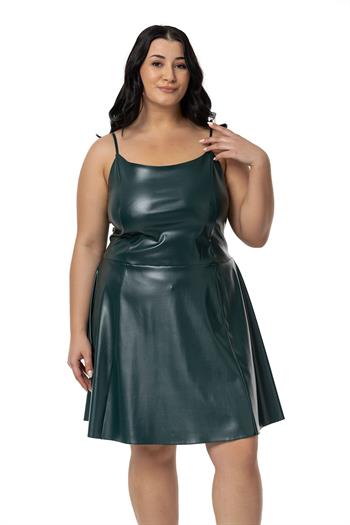 Büyük Beden Ayarlanabilir İnce Askılı Sırtı Lastikli Deri Mini Haki Elbise