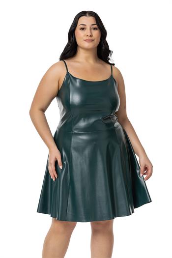 Büyük Beden Ayarlanabilir İnce Askılı Sırtı Lastikli Deri Mini Haki Elbise