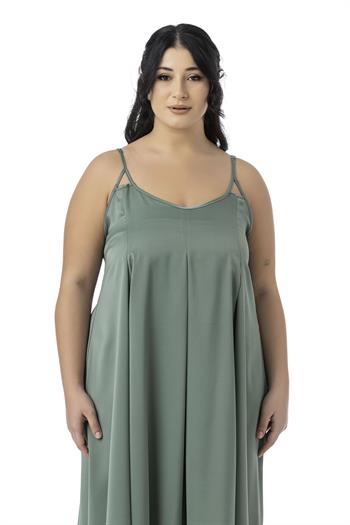 Büyük Beden Ayarlanabilir İnce Askılı Derin Plikaşe Detaylı Yırtmaçlı Saten Uzun Mint Yeşili Elbise