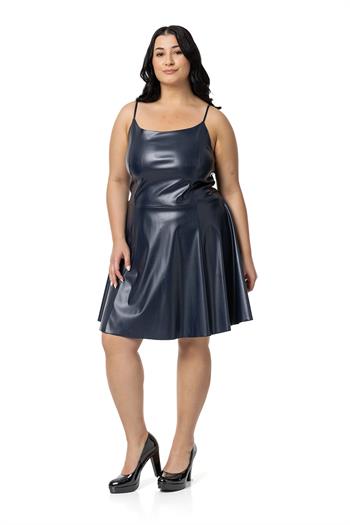 Büyük Beden Ayarlanabilir İnce Askılı Sırtı Lastikli Deri Mini Lacivert Elbise