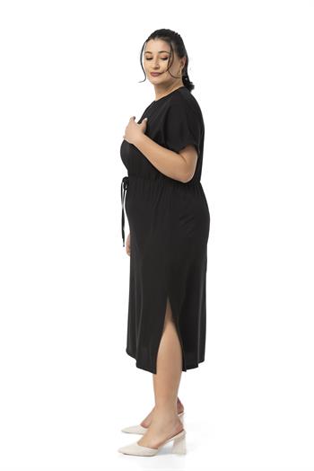 Büyük Beden Beli Lastikli Duble Yarasa Kollu Yanları Yırtmaçlı Siyah Midi Elbise  