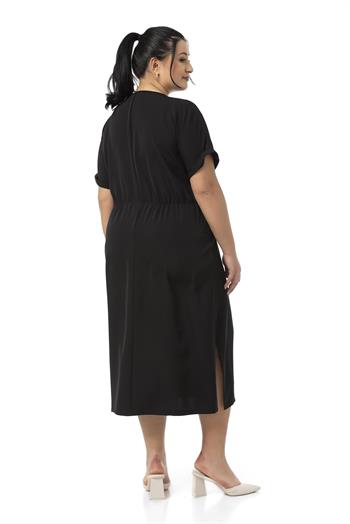 Büyük Beden Beli Lastikli Duble Yarasa Kollu Yanları Yırtmaçlı Siyah Midi Elbise  