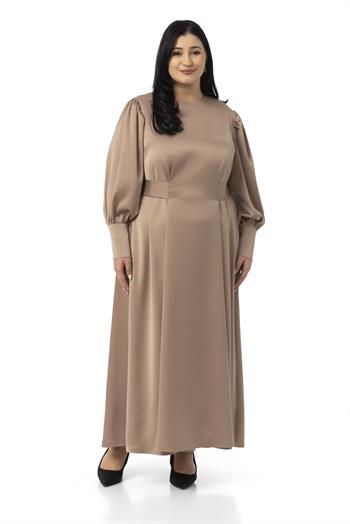 Büyük Beden Büzgülü Kollu Kuşak Detaylı Uzun Saten Vizon Elbise