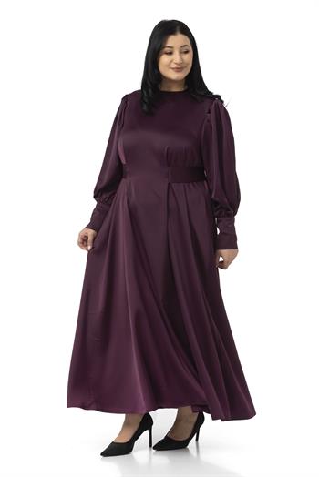 Büyük Beden Büzgülü Kollu Kuşak Detaylı Uzun Saten Mürdüm Elbise