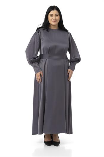 Büyük Beden Büzgülü Kollu Kuşak Detaylı Uzun Saten Antrasit Elbise
