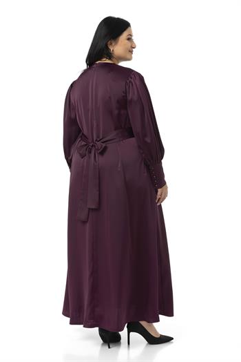 Büyük Beden Büzgülü Kollu Kuşak Detaylı Uzun Saten Mürdüm Elbise