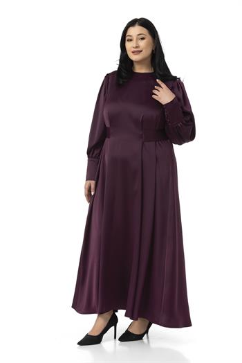 Büyük Beden Büzgülü Kollu Kuşak Detaylı Uzun Saten Mürdüm Elbise