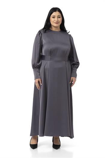 Büyük Beden Büzgülü Kollu Kuşak Detaylı Uzun Saten Antrasit Elbise