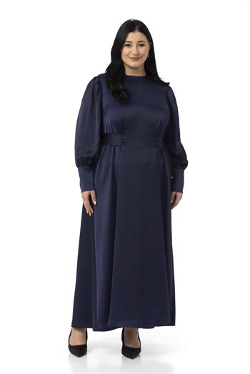 Büyük Beden Büzgülü Kollu Kuşak Detaylı Uzun Saten Lacivert Elbise