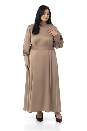 Büyük Beden Büzgülü Kollu Kuşak Detaylı Uzun Saten Vizon Elbise