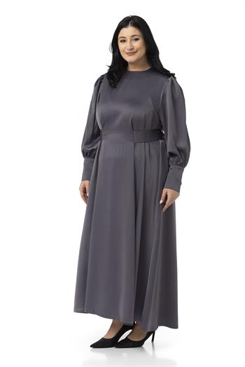 Büyük Beden Büzgülü Kollu Kuşak Detaylı Uzun Saten Antrasit Elbise