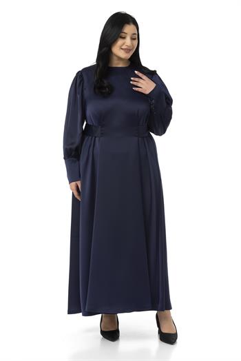 Büyük Beden Büzgülü Kollu Kuşak Detaylı Uzun Saten Lacivert Elbise