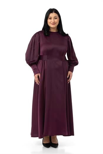 Büyük Beden Büzgülü Kollu Kuşak Detaylı Uzun Saten Mürdüm Elbise