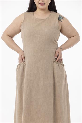 Büyük Beden Cep ve Arka Belde Lastik Büzgü Detaylı Keten Uzun Vizon Elbise 