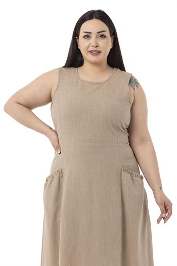 Büyük Beden Cep ve Arka Belde Lastik Büzgü Detaylı Keten Uzun Vizon Elbise 