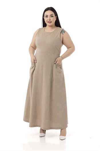Büyük Beden Cep ve Arka Belde Lastik Büzgü Detaylı Keten Uzun Vizon Elbise 
