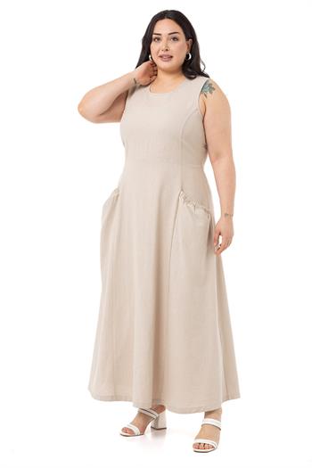 Büyük Beden Cep ve Arka Belde Lastik Büzgü Detaylı Keten Uzun Bej Rengi Elbise 