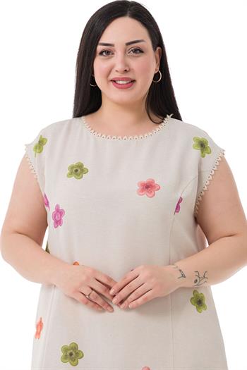 Büyük Beden Çiçek Desenli Pamuk Keten Kumaş Kolsuz Krem Elbise