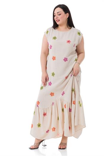 Büyük Beden Çiçek Desenli Pamuk Keten Kumaş Kolsuz Krem Elbise