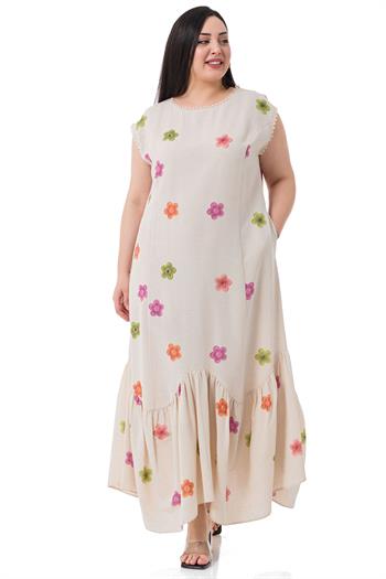 Büyük Beden Çiçek Desenli Pamuk Keten Kumaş Kolsuz Krem Elbise