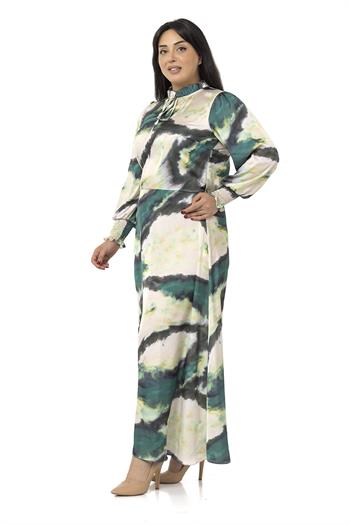 Büyük Beden Hakim Yaka Boyundan Bağcık Detaylı Kolları Gipeli Yeşil Uzun Elbise