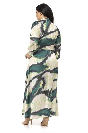 Büyük Beden Hakim Yaka Boyundan Bağcık Detaylı Kolları Gipeli Yeşil Uzun Elbise