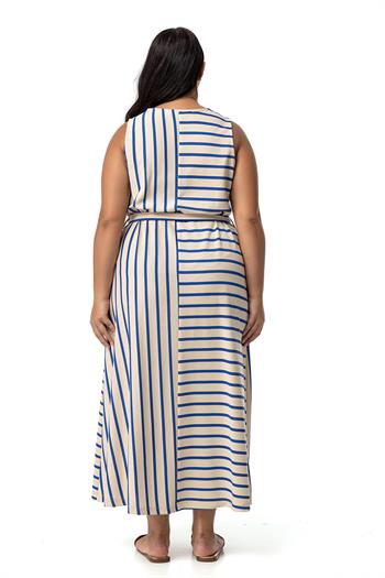 Büyük Beden Kalın Askılı Cepli Kuşaklı Asimetrik Saks Mavi Çizgili Elbise 