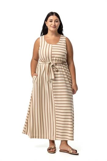 Büyük Beden Kalın Askılı Cepli Kuşaklı Asimetrik Vizon Çizgili Elbise 