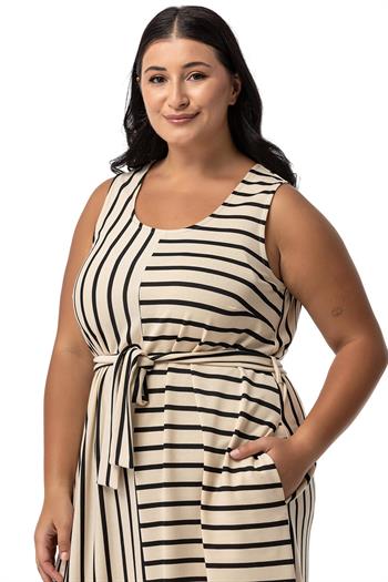 Büyük Beden Kalın Askılı Cepli Kuşaklı Asimetrik Siyah Çizgili Elbise 