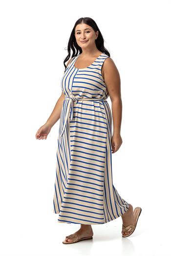 Büyük Beden Kalın Askılı Cepli Kuşaklı Asimetrik Saks Mavi Çizgili Elbise 